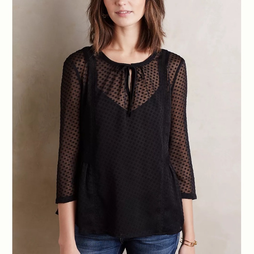 Anthropologie Vanessa Virginia Nanette Clipdot Black Sheer Blouse - Picture 5 of 6